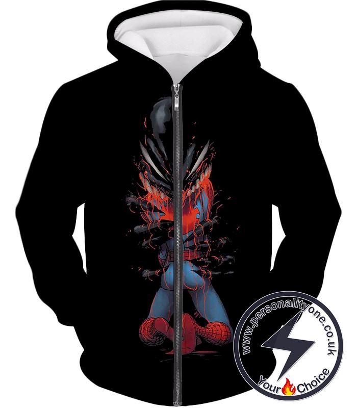 Crazy Venom Feeding Spiderman Black Action Zip Up Hoodie